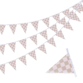 CORNER LACE 16Ft Boho Fabric Triangle Flags Banner 3 Pcs - Cloth Bunting Garland Streamer for Baby Shower Birthday Party Home Outdoor Garden Hanging Decor (Brown & Cream Checkered)