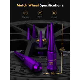 MIKKUPPA M14x1.5 Wheel Spike Lug Nuts, 32 PCS Purple Spiked Lug Nuts 14mmx1.5 Solid 4.4" Tall Acorn Lug Nut with 1 Socket Key Replacement for Chevy Silverado 1500 2500 3500, F150 F250 F350
