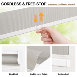 LazBlinds No Tools No Drill Cordless Zebra Blinds for Windows, Dual Layer Light Control for Day and Night, Light Filtering Privacy Roller Blinds and Shades for Home, 20" W x 48" H, Stone Grey
