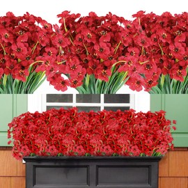 AmyHomie 20 Bundles Artificial Flowers for Outdoor UV Resistant Faux Flowers No Fade Fake Plastic Plants Garden Porch Window Box Decorating(Red)