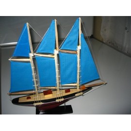 Atlantic Hand Made Wooden Model Sailing Ship 14" Blue Sail Require Minor Assembly