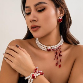 Gothic Blood Pearl Necklace for Women Red Punk Blood Necklace Vampire Choker Necklaces Halloween Jewelry for Women (Pearl D)