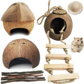 kathson Natural Coconut Hut Hamster Hiding House Pet Cave Small Animal Cage Habitat Decor Hanging Guinea Pig Toys with Ladder for Gerbils Rats Mice Playing Breeding 9PCS