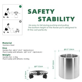 Longrun 9.8 Inch Dia Round Planter, Modern Indoor Outdoor Large Stainless Steel Plant Pot and Plant Caddy with Wheels for Home Patio Garden, Easy to Clean and Move