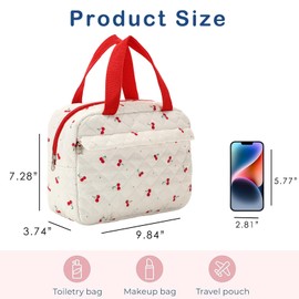 Large Size Quilted Coquette Makeup Bag, Cute Preppy Floral Cotton Travel Cosmetic Organizer Bag with Top Handle, Multi-Layer Travel Toiletry Pouch for Girls(02Cherry)