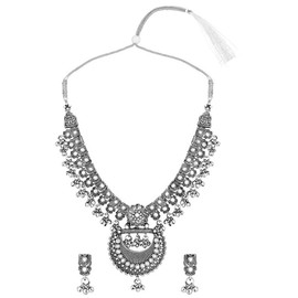 Aheli Traditional Silver Plated Choker Necklace with Drop Earring Ethnic Oxidised Jewelry Set Gift for Women
