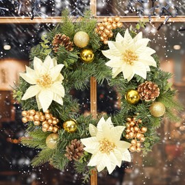 GAOMON 16 Inch Artificial Xmas Wreath with Gold Flower Berries and Pine Cones Ornaments, Christmas Wreath for Door Wall Window Fireplace Decoration, Gold