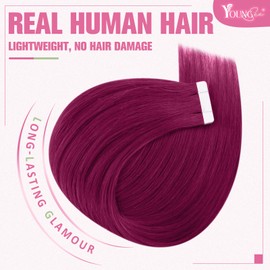YoungSee Human Hair Tape in Extensions Magenta Tape Hair Extensions Real Human Hair Burgundy Hair Extensions Tape in Real Hair Colored Invisible Tape in Extensions for Women 18In 25G 10Pcs Burgundy