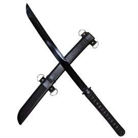 NLX 30.5" Full Tang Wakizashi Samurai Sword with 65Mn Spring Steel with Faux Leather Wrapped Scabbard (Black)