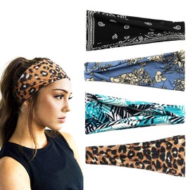 scicent Pack of 4 Hair Bands, Elastic Cotton Hair Bands, Women, Non-Slip Headband, Soft Headband, Hairwarp for Women, Sports, Running, Exercise, Gym - 13210