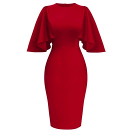Memoriesea Memoriesea Women's Ruffle Flared Sleeve Bodycon Pencil Formal Cocktail Midi Dress Red