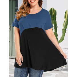 MONNURO Womens Short Sleeve Plus Size Tee Shirts Casual Loose Color Block Summer Swing Tunic Tops for Leggings(Steel Blue,4X)