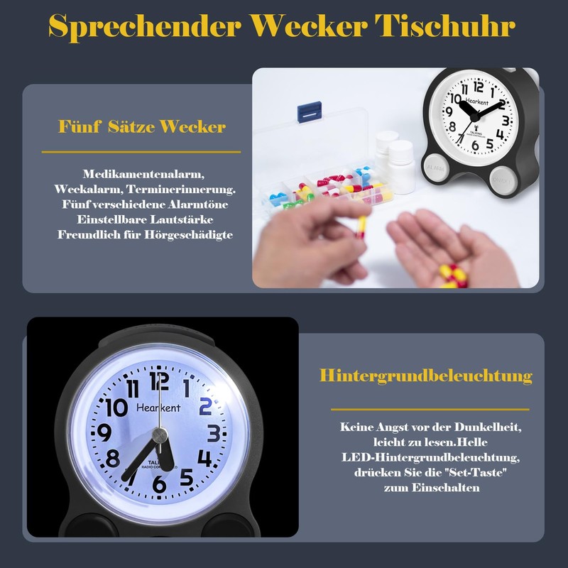 Hearkent Talking Alarm Clock with German Pleasant Voice, Backlight and