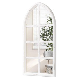 Sintosin Rustic Arched Window Mirrors for Wall Decor Living Room 18 X 36 Inch, Hanging Distressed White Cathedral Window Pane Mirror, Farmhouse Wood Framed Wall Mirrors Decorative for Hallway