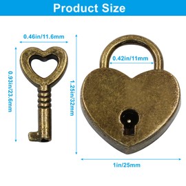 Waziaqoc Mini Antique Bronze Heart Shaped Padlock with Key, Small Metal Padlock Decorative Locks, Jewelry Box, Storage Box, Suitcase, Handbag
