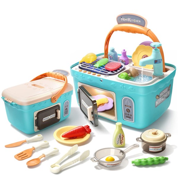 CUTE STONE Kids Picnic & Kitchen Playset,Portable Pinic Basket with Musics & Lights, Color Changing Play Foods, Sink,Pretend Play Oven and Other Accessories Toys for Boys and Girls