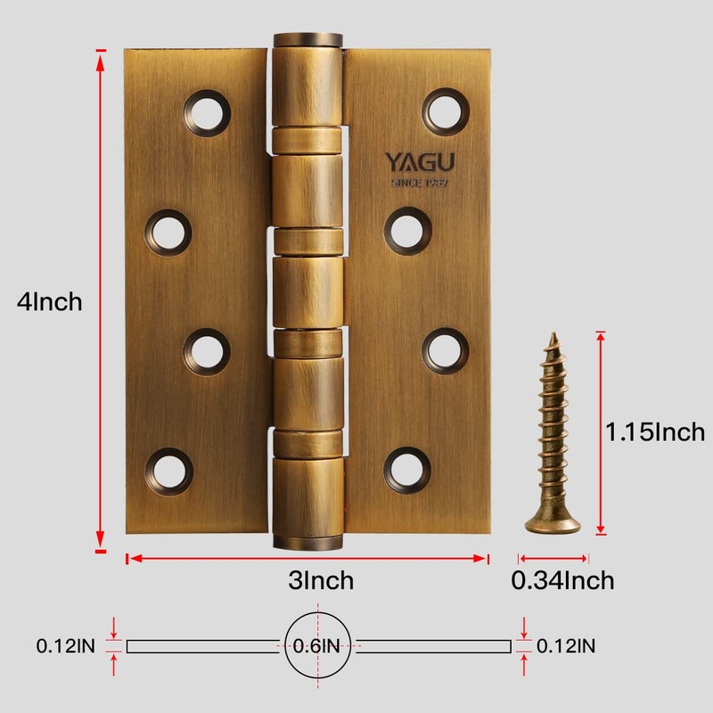 YAGU 3 Pack 4'' Door Hinges Antique Brass 4 x