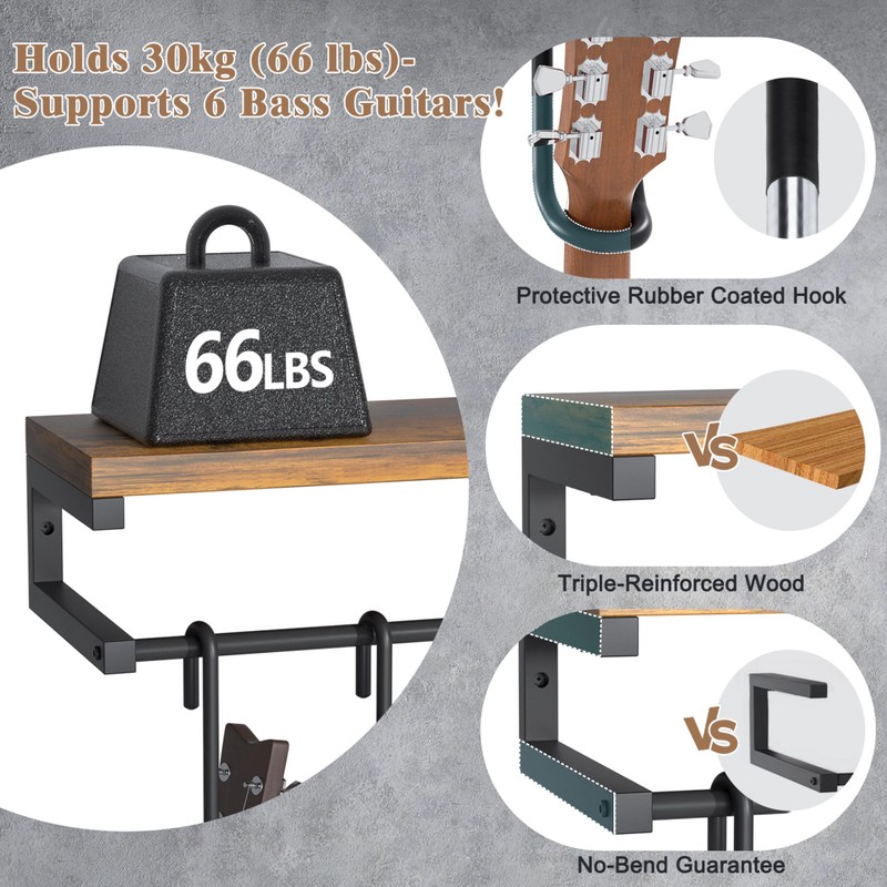 Keebofly Multiple Guitar Wall Mount Hangers with 6-Detachable Hooks &