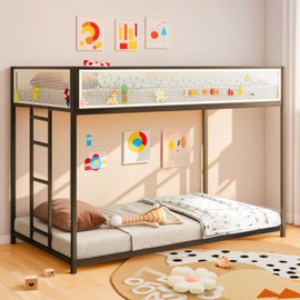 LifeSky Metal Bunk Bed for Kids - Twin Over Twin Bunkbed with Mesh Guardrail - Space Saving for Small Bedrooms - Sparks Creativity for Boys Girls Ages 6+ Black