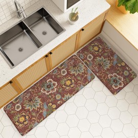 LEEVAN Kitchen Mats for Floor Non-Slip, Cushioned Anti Fatigue Mat 2 Piece, Red Memory Foam Kitchen Mat Waterproof, Ergonomic Standing Mat for Bar, Office,Desk, Laundry