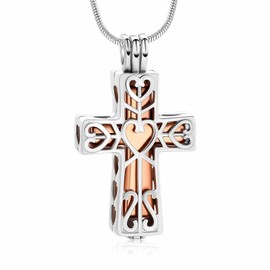 QGJNSGC Cremation Urn Memorial Pendant Necklace Heart Cross Cylindrical with Hollow Jewelry Ashes Keepsake Memorial Urn Jewelry Necklace (Silver-rose)