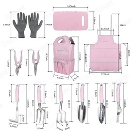 Pink Garden Tool Sets 12 Pieces, iHansee Aluminum Gardening Hand Tools with Non-Slip Handle, Kneeling Pad, Apron, Gloves and Organizer Bag, Landscaping Tools - Gift for Women & Garden Enthusiasts