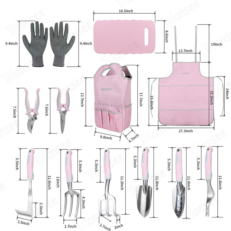 Pink Garden Tool Sets 12 Pieces, iHansee Aluminum Gardening Hand