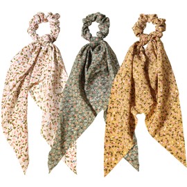 LFOUVRE 3pcs Women Ribbon Scrunchies Bow Knotted Classic Floral Pattern Hair Ties Vintage Bunny Ear Ponytail Holders Hair Accessories