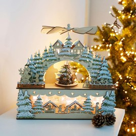 Christmas Wooden Scene 3D Model Illuminated Houses Fir and Snowfall 30cm Wide