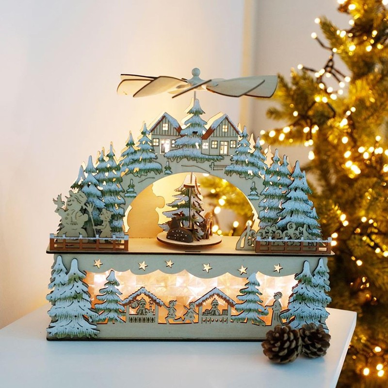 Christmas Wooden Scene 3D Model Illuminated Houses Fir and Snowfall