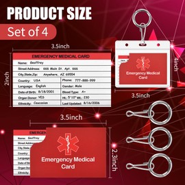 Paquete de 4 llaveros de alerta médica de emergencia, información médica, tarjeta de identificación de emergencia, cartera con soporte resellable para tarjetas de identificación para cuidadores