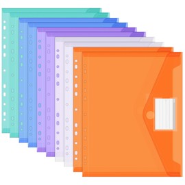 Pack of 10 A4 Document Wallets, Waterproof Document Folder A4, 11 Hole Edge Collector's Folders A4 with Label Pocket, Colourful Folders for Documents Organising, Office Supplies, Homework