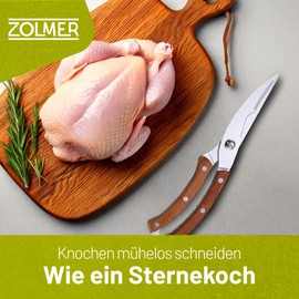 ZOLMER® Stainless Steel Kitchen Scissors - Sharp Poultry Scissors & Chicken Scissors with Wooden Handle - Test Winner Carving Scissors with Safety Lock & Spring Mechanism