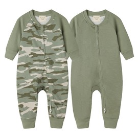 HAJAKADAS-Y Baby Boys' Girls' Cotton Sleep and Play Pjs, Snug Fit Footless 2-Way Zip Closure Coveralls, Pack of 2 (Newborn,Camo/Sage)