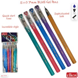 ELKOS BLUE Gel Pens, 0.7mm Fine Point, Pack of 5, Que Gel Pens, Smooth Writing, School Office Home Everyday Pen, ZOFAX Black Ball Pen