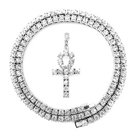 Shiny Jewelers USA Mens Hip HOP Silver ICED Out Micro Double ANKH Cross Pendant Cuban Rope Box Chain Necklace Set (Ankh Silver Tennis Chain 20")