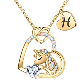 TINGN Unicorn Necklace for Girls Gifts – CZ Unicorn Pendant Chain for Girls Heart Unicorn Chain Children Unicorn Necklace with Letters Children's Jewellery Girls Birthday Gift for Girls, 18 cm + 2 cm