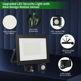 wowspeed 100 Watt LED Outdoor Spotlight with Motion Sensor 10000 lm Outdoor Light Cool White Spotlight with Plug Floodlight Outdoor Spotlight IP67 Waterproof Floodlight 1.2 m Cable for Garden