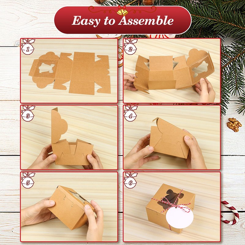 COTOPHER 30Pcs Christmas Cookie Boxes with Window, 4x4x2.5 inch Kraft
