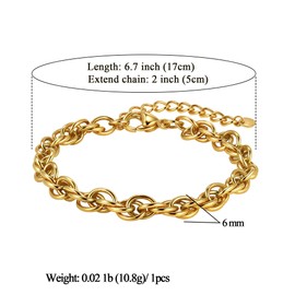 MISWOYI 14K Gold 316L Waterproof Stainless Steel Bracelet For Men, Twist Chain, W:6mm, L:6.7"+2, Hypoallergenic Jewelry Anniversary Birthday Gifts Friends