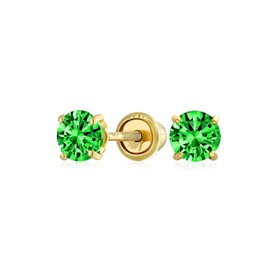 Minimalist Tiny Cubic Zirconia Green Simulated Emerald CZ Round Solitaire Stud Earrings Real 14K Yellow Gold Screw Back 3MM