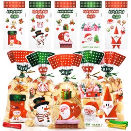 XMAS Cellophane Bags, 120Pcs Christmas Cone Cellophane Gift Treat Candy Sweet Bags With Twist Ties for Christmas Party Favor