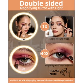 Travel Magnifying Makeup Mirror with Lights, Dual Sided 1X/40X, Foldable