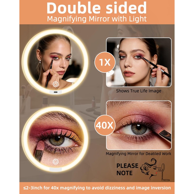 Travel Magnifying Makeup Mirror with Lights, Dual Sided 1X/40X, Foldable