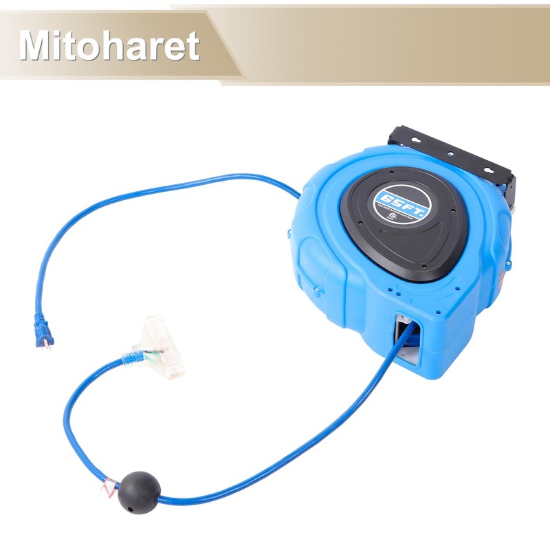 65FT Retractable Extension Cord Reel 12AWG Blue for Wall Installation