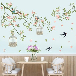 DRWSSR Removable Chinese Style Red Flowers Green Leaves Branch Birdcage Wall Decal DIY Vinyl Flying Swallow Wall Stickers Living Room Study Wall Decoration TV Background Sofa Bedroom Home Decoration