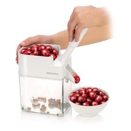Tescoma Kirschentkerner manuell, Kirscheintsteiner mit Auffangbehälter, 18.5 x 11.5 x 20.5 cm,Stein ,Weiß/Transparent ,Edelstahl