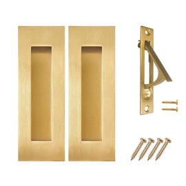 senharvest Pocket Door Pull and Edge Pull Set Brushed Gold, 6Inch Handles Hardware Latch,Recessed Finger Flush Pulls,for Closet,Sliding,Barn Door