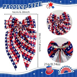 2 Packs Independence Day Hair Bow Clips 4th of July Large Ribbon Bow Hair Clips Silky Satin Bowknot Hair Barrette Red White Blue USA Star Stripe Designs Long Tails Hairpins for Women Hair Decoration