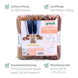 Gründl Sock Wool Trio Knitting Set of 3 x 100 g Sock Yarn (75% Virgin Wool (Superwash), 25% Polyamide) + Instructions (English language not guaranteed), Natural
